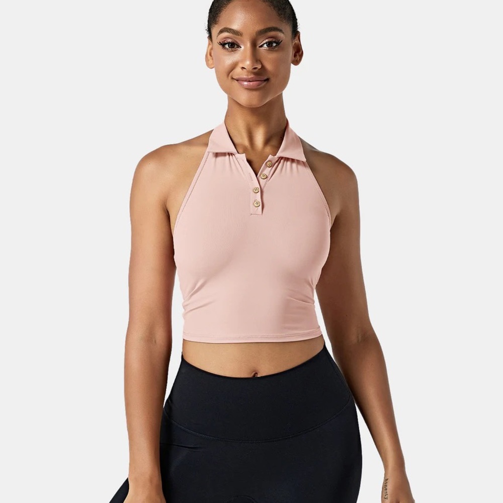 Collared Halter Sleeveless Backless Cropped Top, Sporty Golf Active Top
